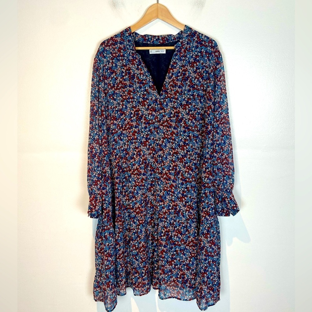 MNG Mango Ditsy Floral Midi Dress Size 20 Long Sleeve Chiffon V-Neck